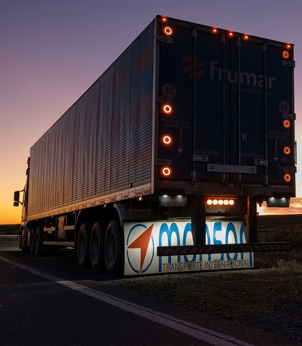 Caminhão refrigerado da Monson cruzando a cordilheira dos Andes ao entardecer